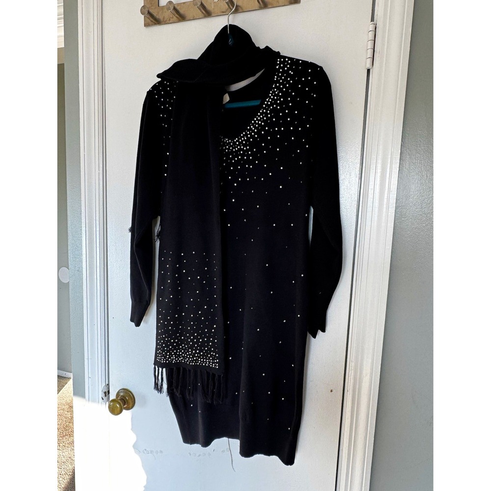B My Story Black Knit Sweater Dress V-Neck Rhinestone Scarf SE7002 Womens Large